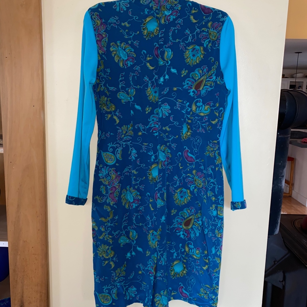 DAVID WARREN blue batik pattern silk dress/PRETTY